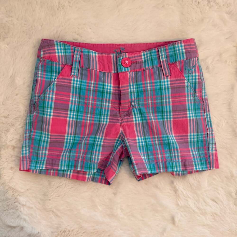 Justice Girls Pink and Blue Plaid Metallic Thread Shorts Size 10